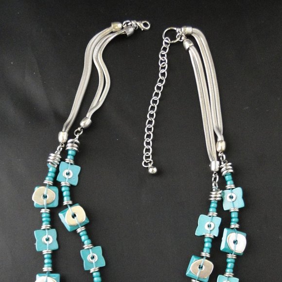 Turquoise & Silver Double Strand Necklace 20" with 4" Extender Zevar By Treska - Picture 5 of 6